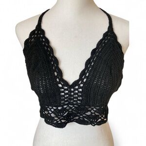 Windsor Black Halter Crochet Boho V Neck Bralette Top size OS